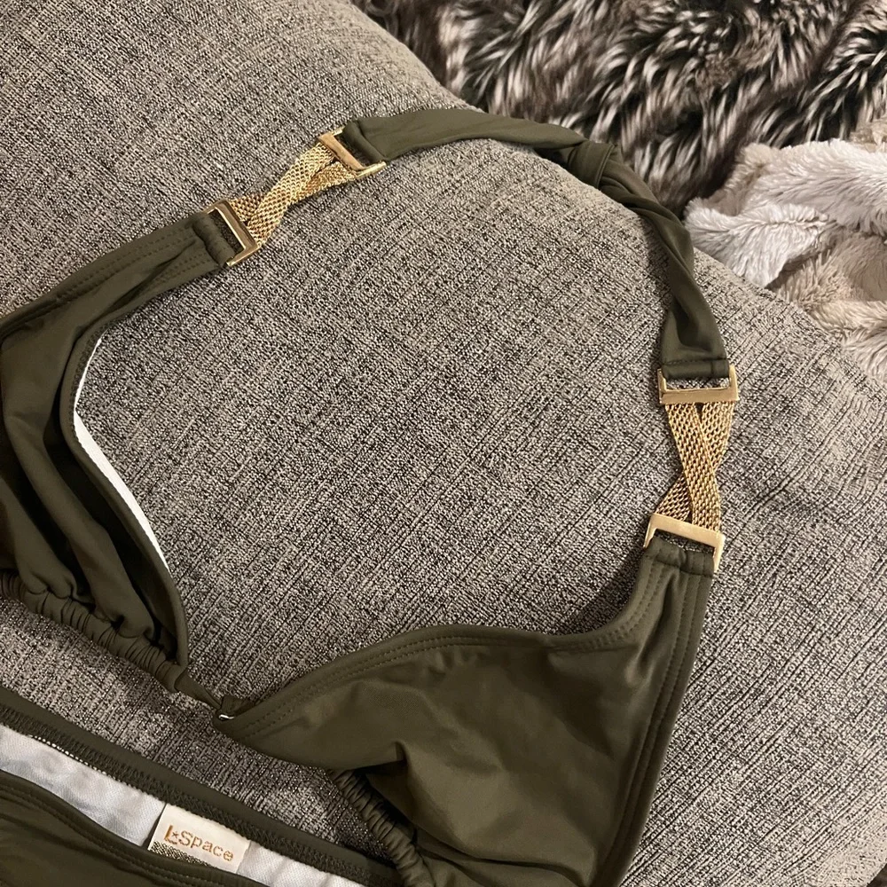 L Space army green bikini with gold mesh small bottom large top - Picture 2 of 6